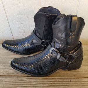 Metro Charm Diego Mens Black Python Print Side Zip Harness Dress Boots 10.5